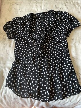 Silk White House Black Market Black & White Polka Dot Ruffle Button Blouse